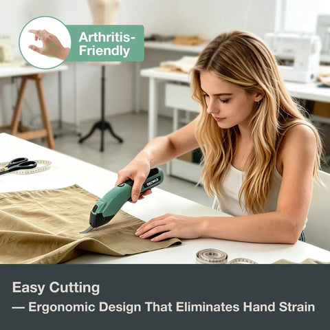Woman using Lightweight Cordless 4V Electric Shears That Slice Fabric And Cardboard Like Butter on fabric with ergonomic grip.