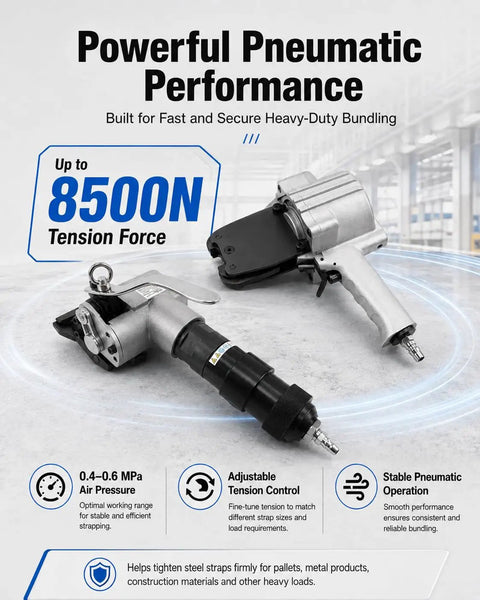 Top-Tier Pneumatic Steel Strapping Machine Heavy Duty Split Tensioner With Cutter And Sealer showcasing adjustable tension control and 8500N force.