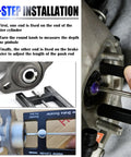 3-step installation guide showing the Shop Grade Aluminum Brake Booster Adjustment Tool With Strong Magnet And Precision Push Rod Distance Gauge.