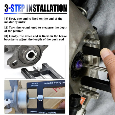 3-step installation guide showing the Shop Grade Aluminum Brake Booster Adjustment Tool With Strong Magnet And Precision Push Rod Distance Gauge.