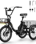 Electric Trike With Peak 1000W Power For Hills And City, 20 Inch Folding Three Wheel E Tricycle For Adults, Step Through Frame, 624Wh Removable Battery, Large Basket, Classic Black with front basket