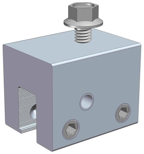 Rock Solid L Bracket Standing Seam Metal Roof Clamp For Solar Panel Rig Setup And No Fuss Racking Install With Slick Rail Fit And Heavy Duty Aluminum Construction, detailed view of aluminum clamp with bolts.