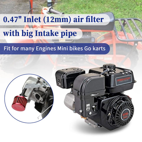 Red Air Filter Upgrade for 301cc 420cc Mini Bike Go Kart Engines with 12mm inlet and intake pipe, black engine