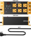 EMI And RFI Filtering Surge Protector Power Strip With 6 Outlets And 6 Ft Flat Plug Cord In Bright Yellow, Noise Isolation Banks That Block Up To 95 Percent EMI And RFI, Heavy Duty Shielded Protector For Home Office And Entertainment Gear, front view with 6 outlets