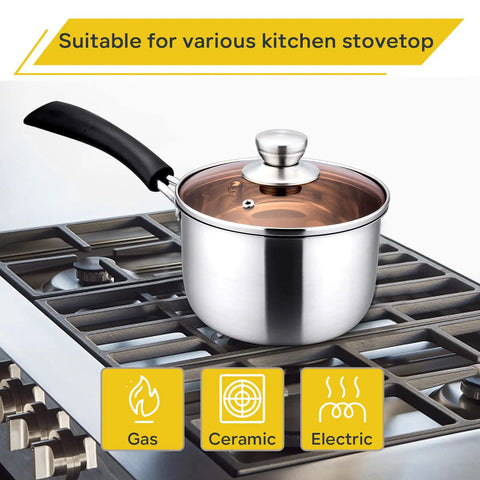1 Quart Stainless Steel Saucepan With Glass Lid For Easy Cooking on gas stove, durable small sauce pot with rust-free solid metal handle