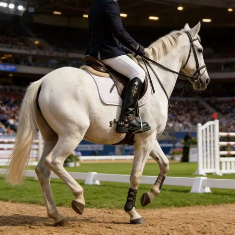 Equestrian rider on white horse wearing boots with Old School Western Cowboy Spurs With German Silver Hand Engraved Trims