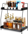 Two Tier Coffee Bar Organizer For Countertop With Metal Frame And Wooden Shelves All In One Coffee Station Rack holding coffee supplies