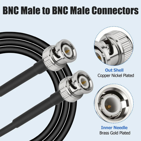Low Loss RG58 50 Ohm BNC Male To Male Coax Cable Kit, 2 Pack, 3 Ft, with copper nickel plated connectors and heat shrink tubing