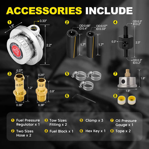 Adjustable Carburetor Fuel Pressure Regulator Kit With 0-15 PSI Gauge, Universal Fit For Classic Cars, Motorcycles, Boats, And Other Rides, Includes Fuel Block And 8mm 10mm Adapters For Smooth 1-5 PSI Tuning, accessories layout
