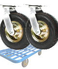 Pair Of Badass Heavy Duty Swivel Caster Wheels Built To Handle Heavy Loads Featuring Highly Elastic Rubber Tires And Quiet Ball Bearings That Let Your Utility Cart Roll Out Smooth As Butter All Day Long on a metal cart.