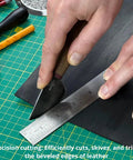 Round Leather Knife For Cutting, Trimming, Skiving And Shaping Pro Grade High Carbon Steel Blade in use on black leather