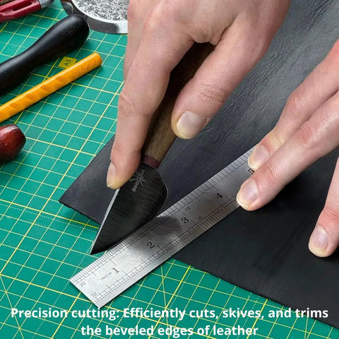Round Leather Knife For Cutting, Trimming, Skiving And Shaping Pro Grade High Carbon Steel Blade in use on black leather