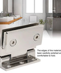 Close-up of Heavy Duty Stainless Steel Glass Door Hinges For 90 Degree Frameless Showers adjustable and polished for easy grip.