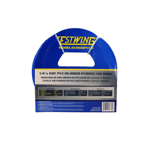 One Quarter Inch By One Hundred Foot PVC And Rubber Hybrid Air Hose With Brass Fittings packaging