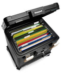Open Fireproof And Waterproof No Nonsense Filing Safe Box For Home With Heavy Duty ABS Plastic Fits Letter And A4 Files, showing documents.