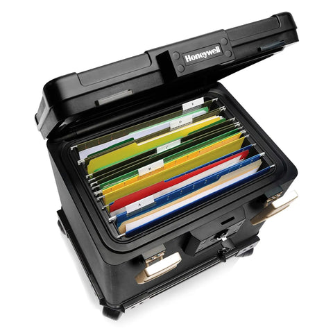 Open Fireproof And Waterproof No Nonsense Filing Safe Box For Home With Heavy Duty ABS Plastic Fits Letter And A4 Files, showing documents.