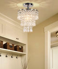 Small Three Tier Crystal Chandelier LED Pendant Light With Dope Raindrop Crystals Chrome Finish For Bedroom Hallway Living Room Compact Ceiling Fixture E26 Base