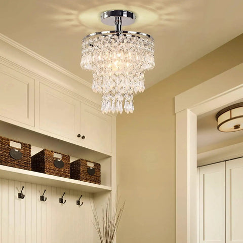 Small Three Tier Crystal Chandelier LED Pendant Light With Dope Raindrop Crystals Chrome Finish For Bedroom Hallway Living Room Compact Ceiling Fixture E26 Base