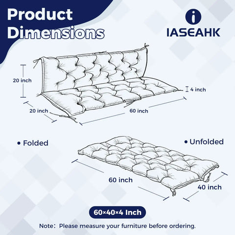 Illustration of Waterproof Porch Swing Cushions For Outdoor Furniture Navy Blue 60x40x4 Inch dimensions, folded and unfolded view.