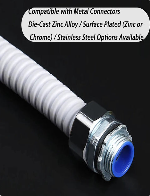 Heavy Duty PVC Coated Flexible Conduit With Galvanized Steel Core Fire Resistant Corrugated Electrical Wire Armor Hose 32.8 Ft showing metal connector and flexible tube detail.