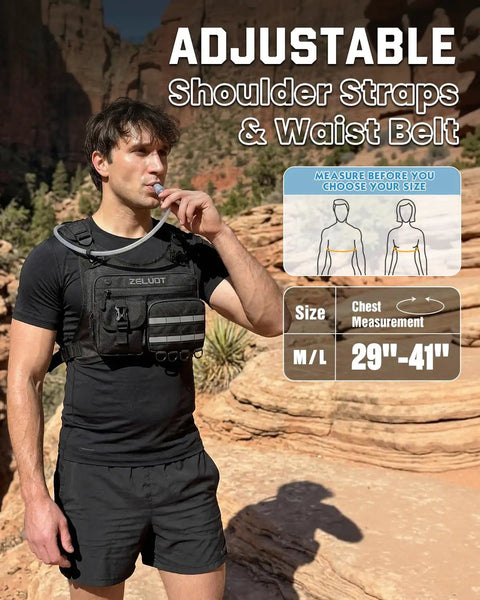 Man hiking wearing 12L Hydration Running Vest for Men With On the Go Storage for Running and Cycling, Lightweight Backpack