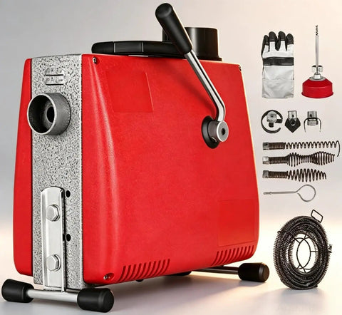 Powerful 250W Electric Handheld Drain Auger Snake For Sink, Toilet, And Pipe Clogs with tools and accessories for plumbing use.