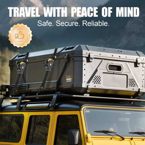 Heavy Duty 1 Inch By 10 Foot Retractable Ratchet Straps securing storage box on vehicle roof