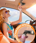 Magnetic Premium Leather Sunglass Holder For Car Visor With Quick Snap Tether One Hand Eye Glasses Drop Organizer; user demonstrating easy opening.