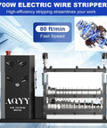 Front view of Automatic Wire Stripping Machine for copper wires 0.08 to 1.5 inches, 11 channel design with 700W motor displayed.