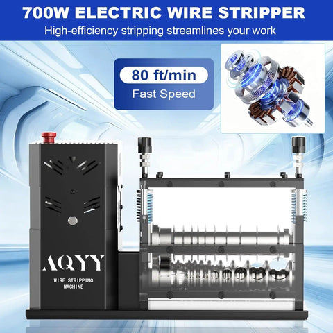 Front view of Automatic Wire Stripping Machine for copper wires 0.08 to 1.5 inches, 11 channel design with 700W motor displayed.
