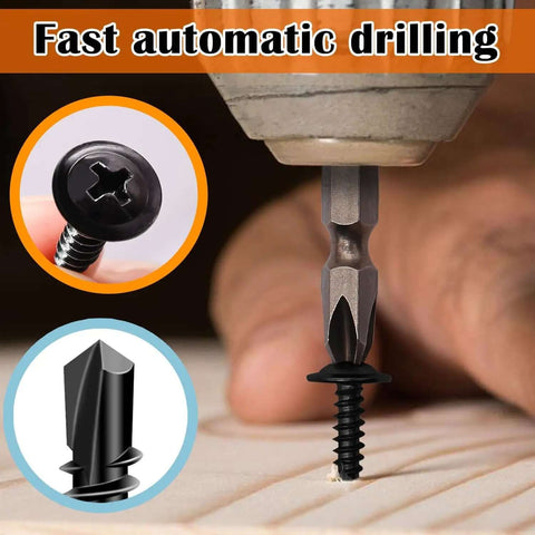 Close-up of self tapping metal screws kit size eight in 410 stainless steel black oxide truss head being drilled into wood.