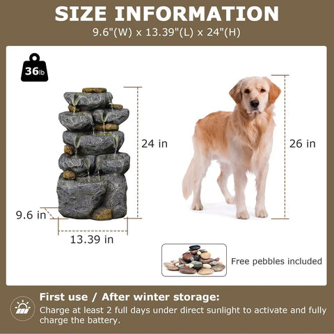 Size comparison of Solar Powered 5 Tier Rock Water Fountain With LED Lights, Outdoor Garden Cascade and a golden retriever.