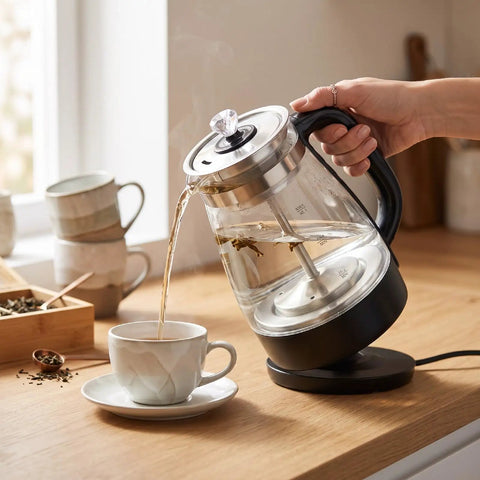 1 Liter Glass Electric Kettle With Keep Warm Function pouring hot tea into a white cup on a wooden table.