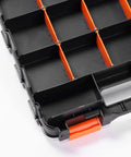 Heavy Duty Parts Storage Box With Removable Grid Compartments For Easy Tool Organization, black and orange grid close-up