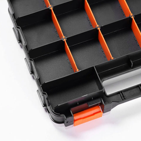 Heavy Duty Parts Storage Box With Removable Grid Compartments For Easy Tool Organization, black and orange grid close-up