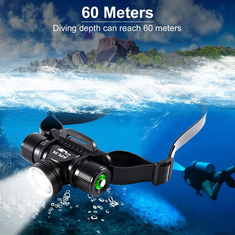 HP900 Diving Headlamp Rechargeable 3000 Lumen Ultra Bright Scuba Flashlight underwater showcasing 60m depth capability