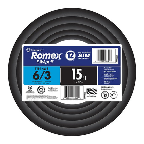 15 Ft Six Three Black Stranded Romex NM-B With Ground Copper Wire For Dry Indoor Exposed Or Concealed Installations SIMpull 600V 90C Rated Great For Home Wiring And General Electrical Work Durable Copper Conductors UL Listed CSA Certified