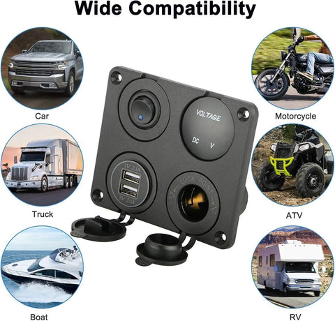 4 In 1 Car Charger Panel With LED Voltmeter And Dual USB 4.2A Fast Charge Cigarette Lighter Socket LED Rocker Switch 12V 24V Power Hub