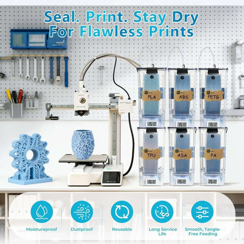 3D printer setup with dual outlet filament storage box with airtight seal, ball bearing spool holder, moisture proof dispenser