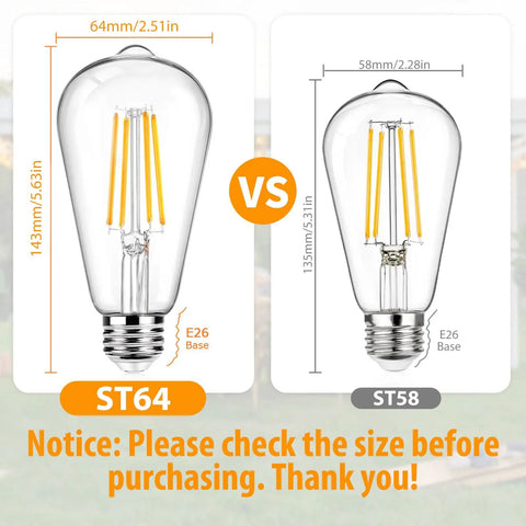 Size comparison of 12 Pack Vintage LED Edison Bulbs ST64 Style 60W Equivalent 7W 800 Lumens Dimmable Filament Bulbs Clear Glass