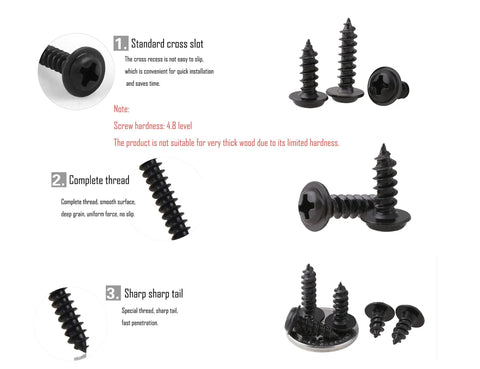 900 Piece Self Tapping Screw Assortment Kit showing black carbon steel screws with various head types and sharp thread details