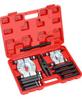 Open red case displaying 12-Piece Bearing Separator And Puller Set, 5-Ton Capacity, with 2 inch and 3 inch jaws, wheel hub and axle puller.