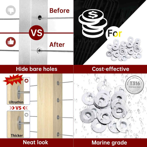 Comparison chart of 20 Pack Decorative Cable Railing Sleeve Protectors With Adhesive Grommets For One Eighth Inch Wire Rope On Wood Or Metal Posts, Stainless Steel Cable Deck Rail Guard Covers For A Clean Slick Look showing before and after installation, cost-effective features, neat look, and marine-grade quality.