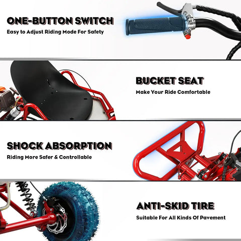 Details of Gas Powered Go Kart For Adults And Kids, 1700W 2 Stroke Off Road Racer with features like seat and tires