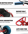 Detailed features of off road gas powered go kart with 63cc 2 stroke engine, 2.2HP, showing handlebars, bucket seat, shock absorption, and tire