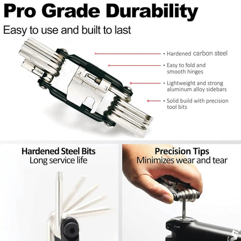 17 In 1 Bike Multi Tool Kit With Chain Breaker ergonomic and beefy lightweight MTB repair kit showing tools and durability features
