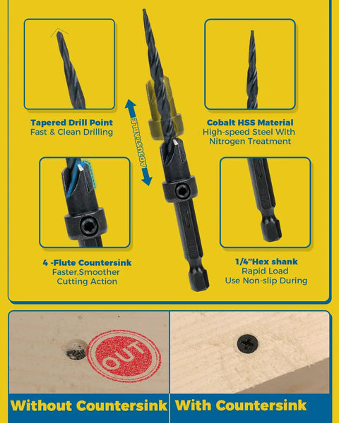 Illustration of 16 Piece Countersink Drill Bit Set With Adjustable Depth Tapered Bits And 4 Wood Plug Cutters 1/4 Inch Hex Shank Includes Handy Storage Box For Smooth Clean Countersinking In Wood, showing drill bits and results without and with countersink.