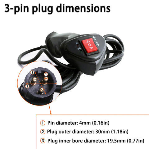 3 Pin Male Plug Electric Winch Remote Controller With 11.48 Foot Connector Cable Easy Install Plug And Play For Atv Utv Off Road Vehicle showing dimensions and design.