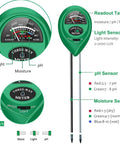 3 In 1 Soil Moisture Meter And pH Tester With Light Sensor shows light, pH, and moisture readings on green dial with probes visible