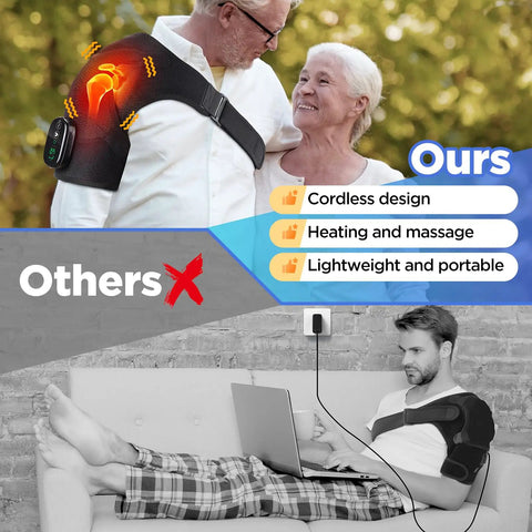 Cordless Shoulder Heating Pad And Massager With Heat And Vibration shown in use highlighting portability and effectiveness